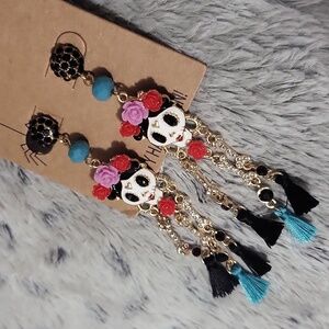 Floral Skull Dangle Earrings